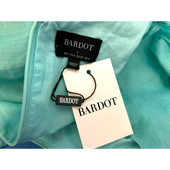 Bardot Women's Aura Aqua Puff Sleeve Mini Dress Ruffle Hem V-Neck NWT Size 4 - Picture 5 of 6
